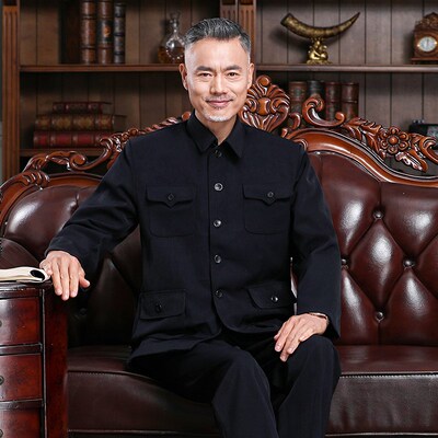 中山装男套装老年人中山服老式衣服秋冬款加绒加厚保暖外套爷爷装