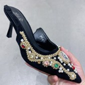 纯手工制作鱼线i缝制围编串珠细跟超高跟时尚 凉鞋 尖头鞋 包头法式