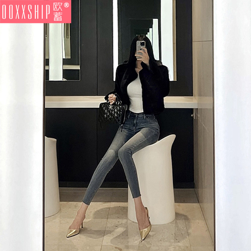 韩国春季b新品时尚经典水洗蓝紧身显瘦百搭牛仔九分小脚铅笔裤女