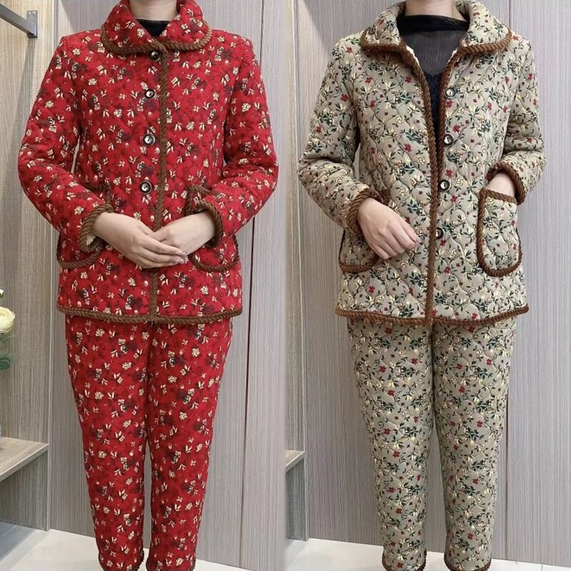 妈妈装冬季新款加绒加厚棉衣w棉裤套装时尚洋气保暖棉袄两件套外