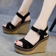 一字带百b搭坡跟凉鞋 防水台松糕厚底露趾磨砂女鞋 10CM夏季 高跟鞋