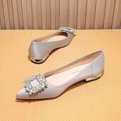 2024秋新款 粗k跟气质高级灰色百搭宴会尖头水钻方扣浅口平底单鞋