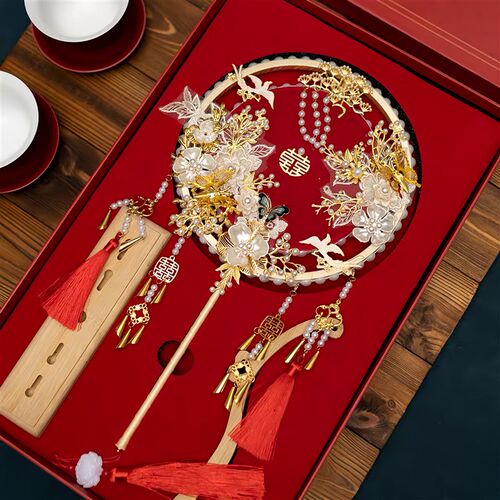 双面手工豪华新娘团扇结婚礼物材料包闺蜜结婚古R风喜扇出嫁diy扇