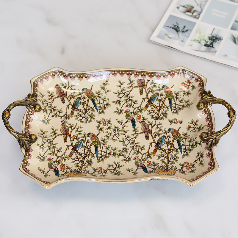 美式合金陶瓷大果盘欧式奢华花鸟托盘别墅样板房茶几软装饰品摆件,家居饰品,果盘/果篓,淘宝优惠券,粉丝福利购,淘宝优惠卷
