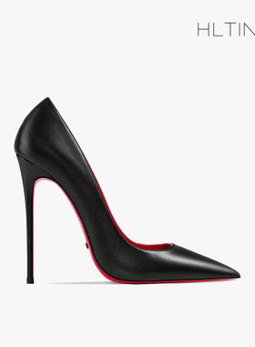 2024春新款12cm黑色红底尖头高跟鞋女细跟法式软皮职业大码单鞋子