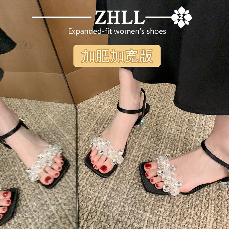 一字带凉鞋女2024新款夏季外穿高级感宽胖脚大码41一43水钻高跟鞋,女鞋,一字带凉鞋,淘宝优惠券,粉丝福利购,淘宝优惠卷