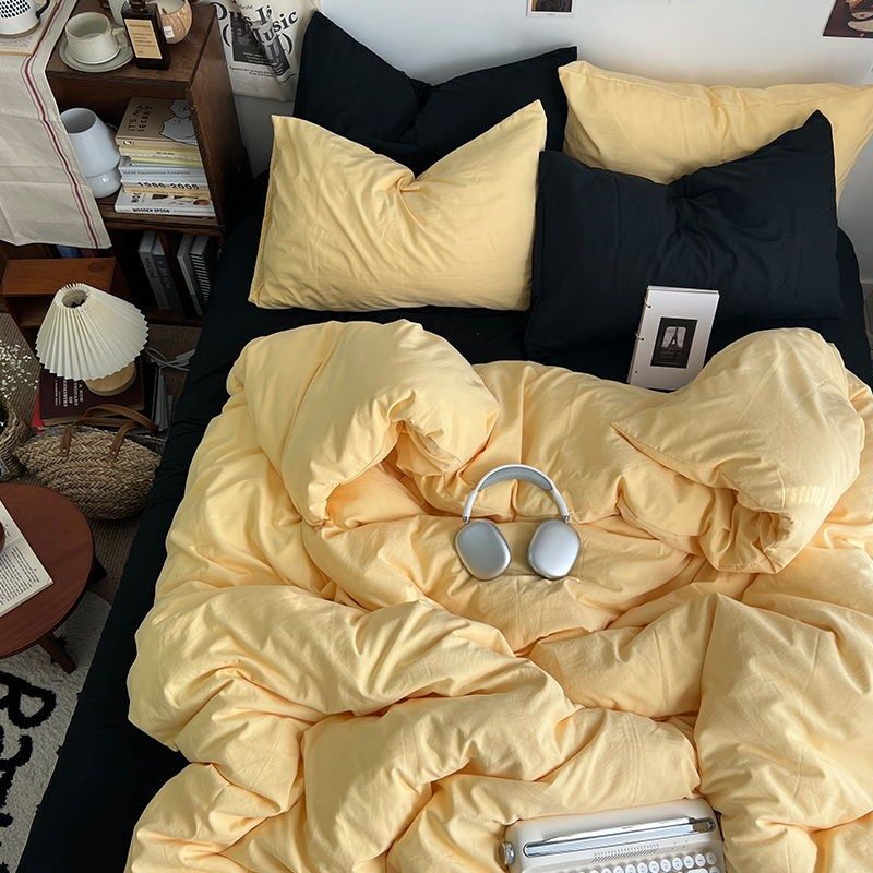 ins风简约超柔软嫩黄暗黑撞色水洗棉床上四件套宿舍床单三件套,床上用品,床品套件/四件套/多件套,淘宝优惠券,粉丝福利购,淘宝优惠卷