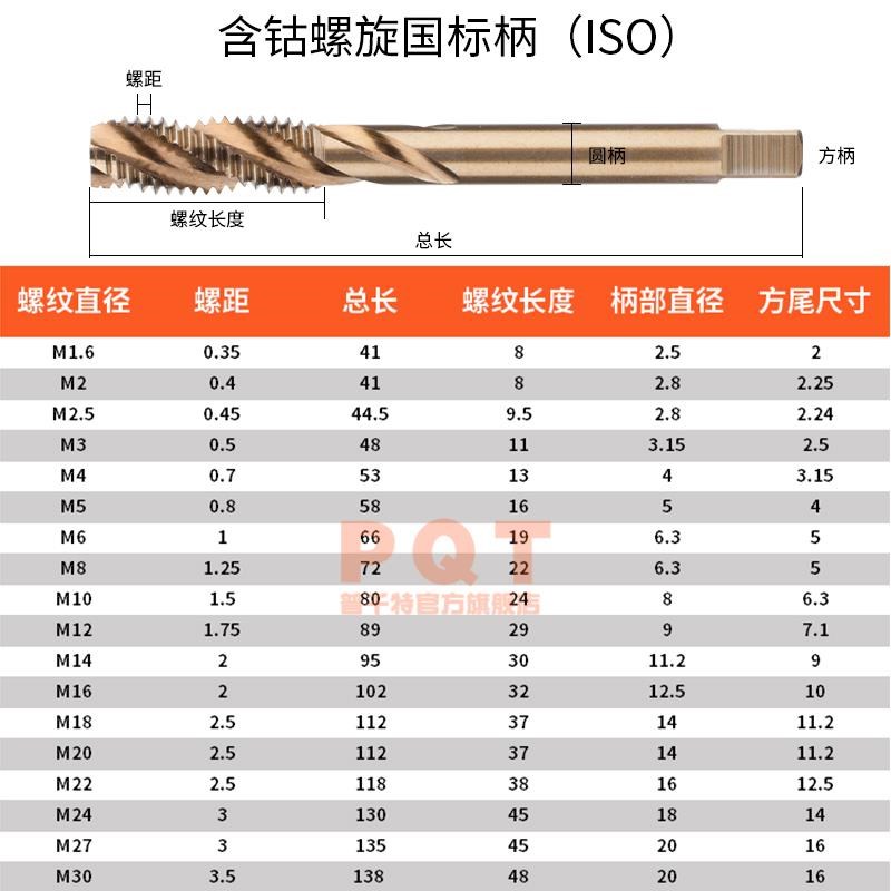 PQT含钴螺旋机用丝锥高钴丝攻M35高硬上排屑攻丝不锈钢M2-M20