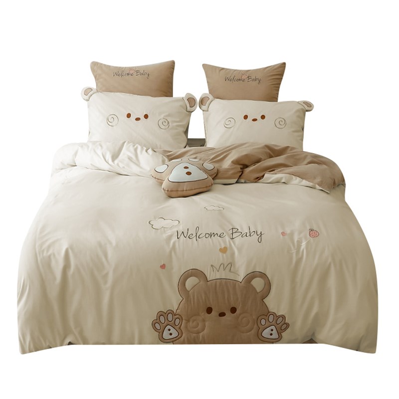 现货韩式卡通风色织水洗棉四件套全棉纯棉儿童床单被套裸睡床上用