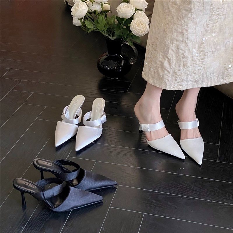 2025春季新款尖头细跟高跟气质显瘦一字带绸缎中跟包头半拖女鞋,女鞋,包头拖,淘宝优惠券,粉丝福利购,淘宝优惠卷