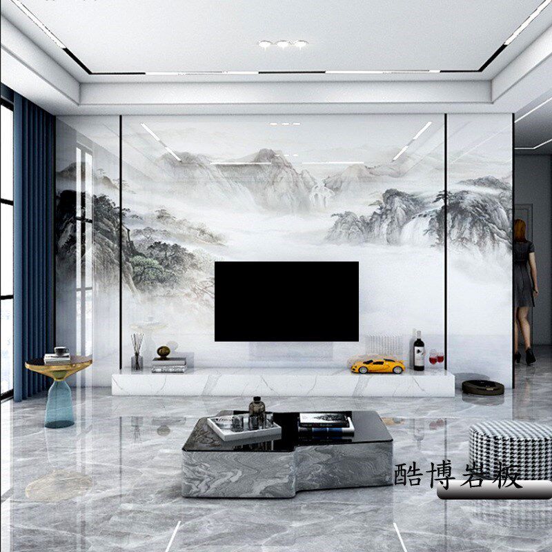 瓷砖电视背景墙效果图高温微晶石岩板现代简约客厅石材大板沙发墙