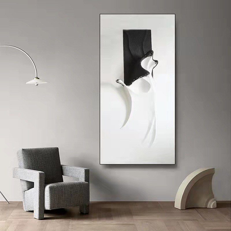 现代简约抽象黑白装饰画客厅入户玄关走廊过道竖版壁画手绘艺术画