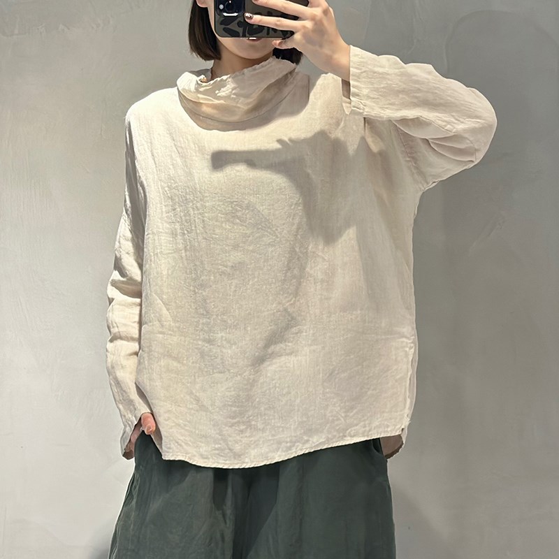 文艺百搭四季砂洗亚麻纯色衬衫女士D堆堆领长袖宽松多色套头打底