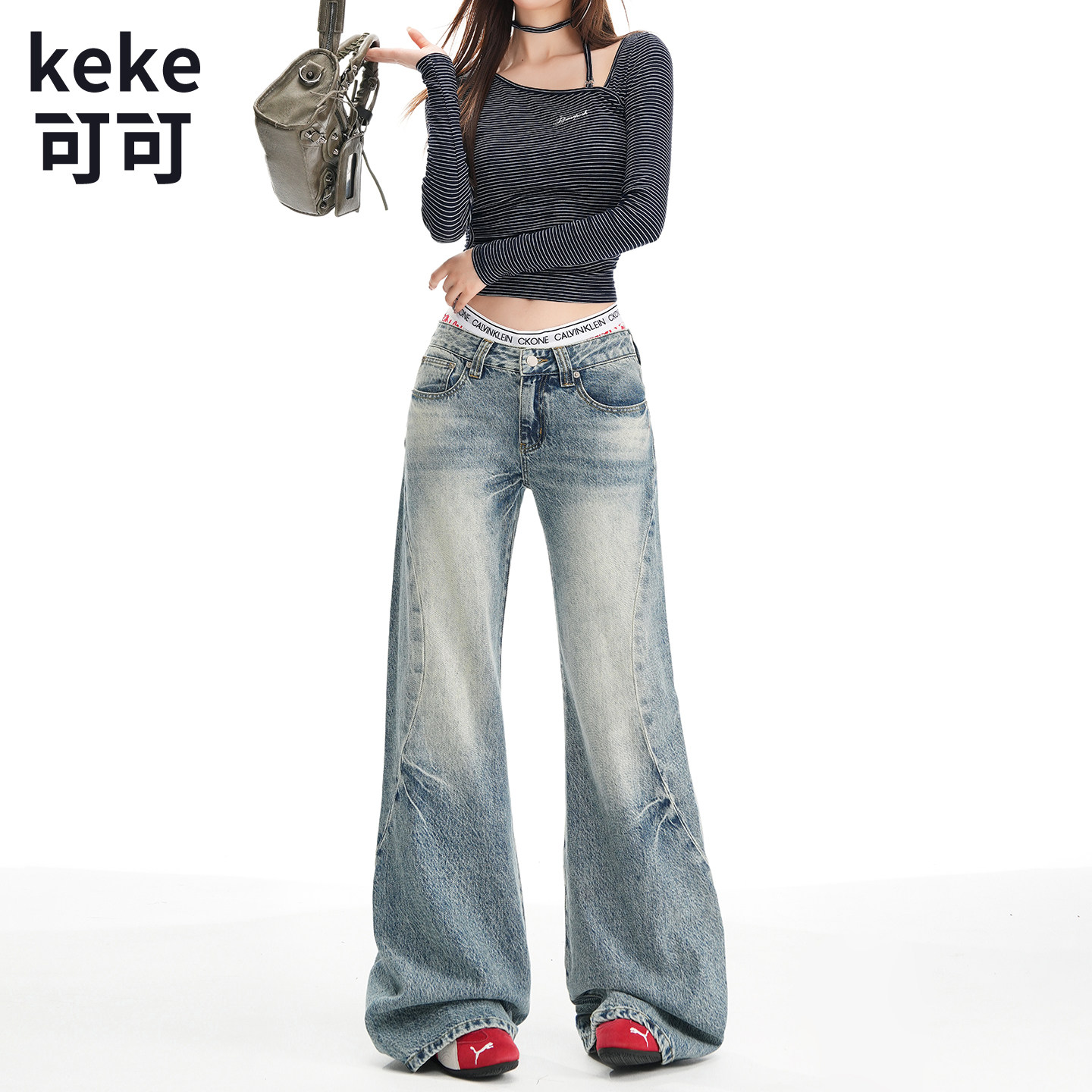 美式复古低腰微喇显瘦牛仔裤女