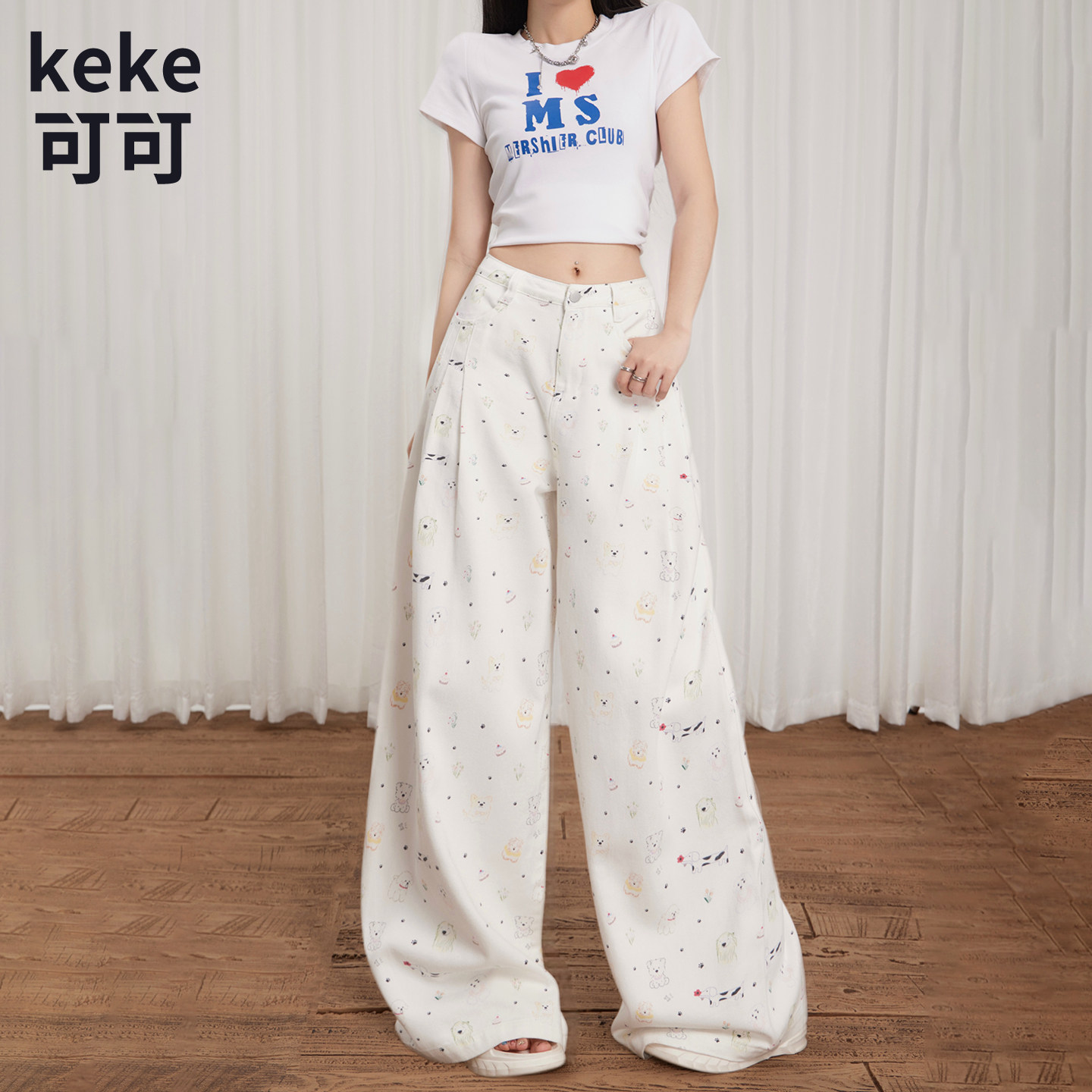 卡通印花阔腿显瘦白色牛仔裤女早春新款高腰宽松显瘦慵懒拖地裤