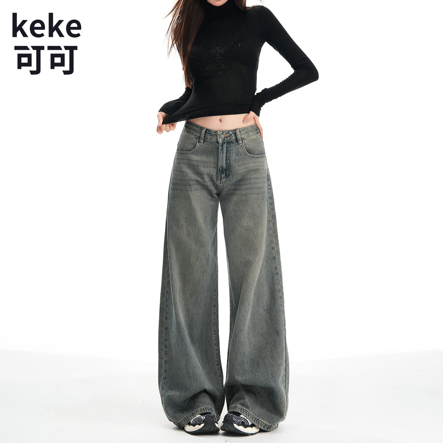 复古蓝高腰阔腿拖地牛仔裤女