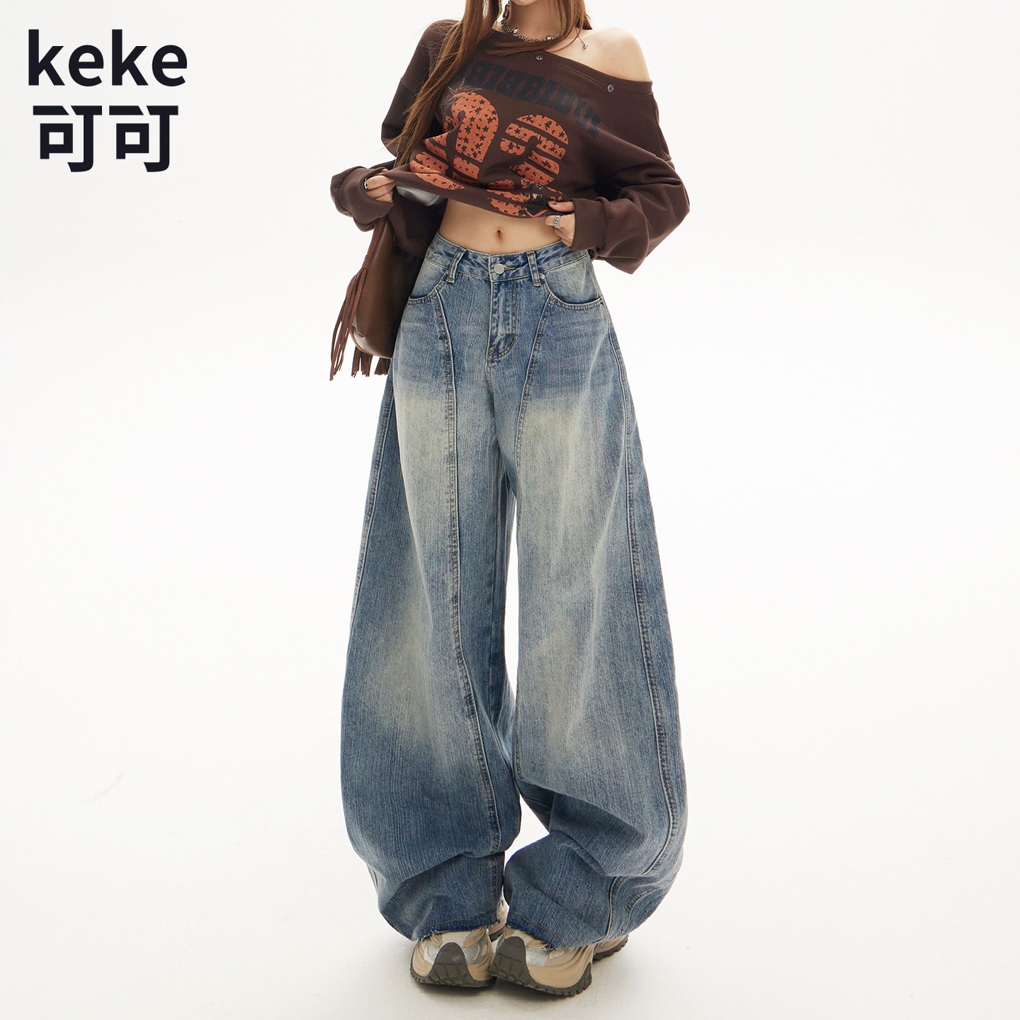 美式复古高腰宽松阔腿裤牛仔裤女