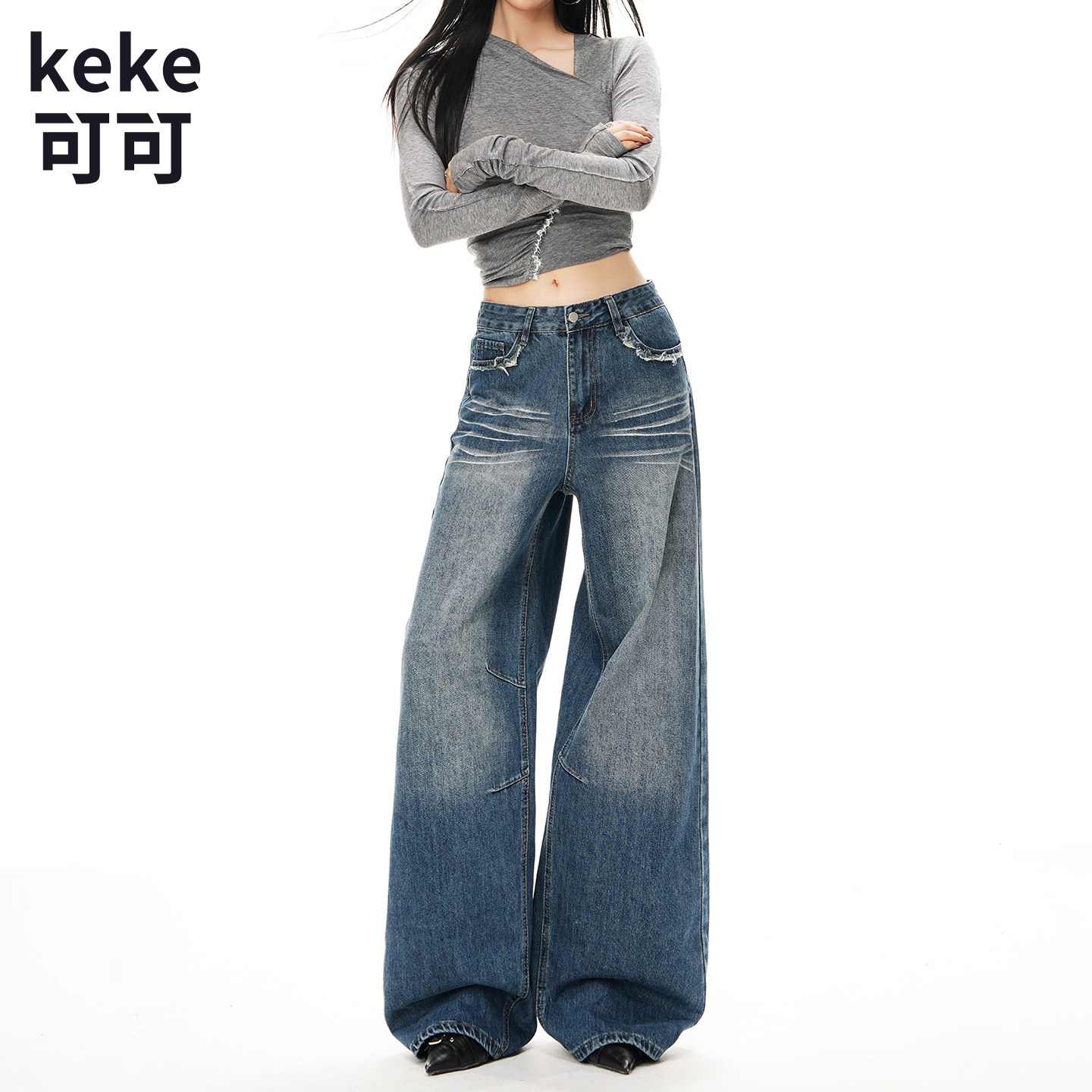 美式复古高腰阔腿牛仔裤女冬季