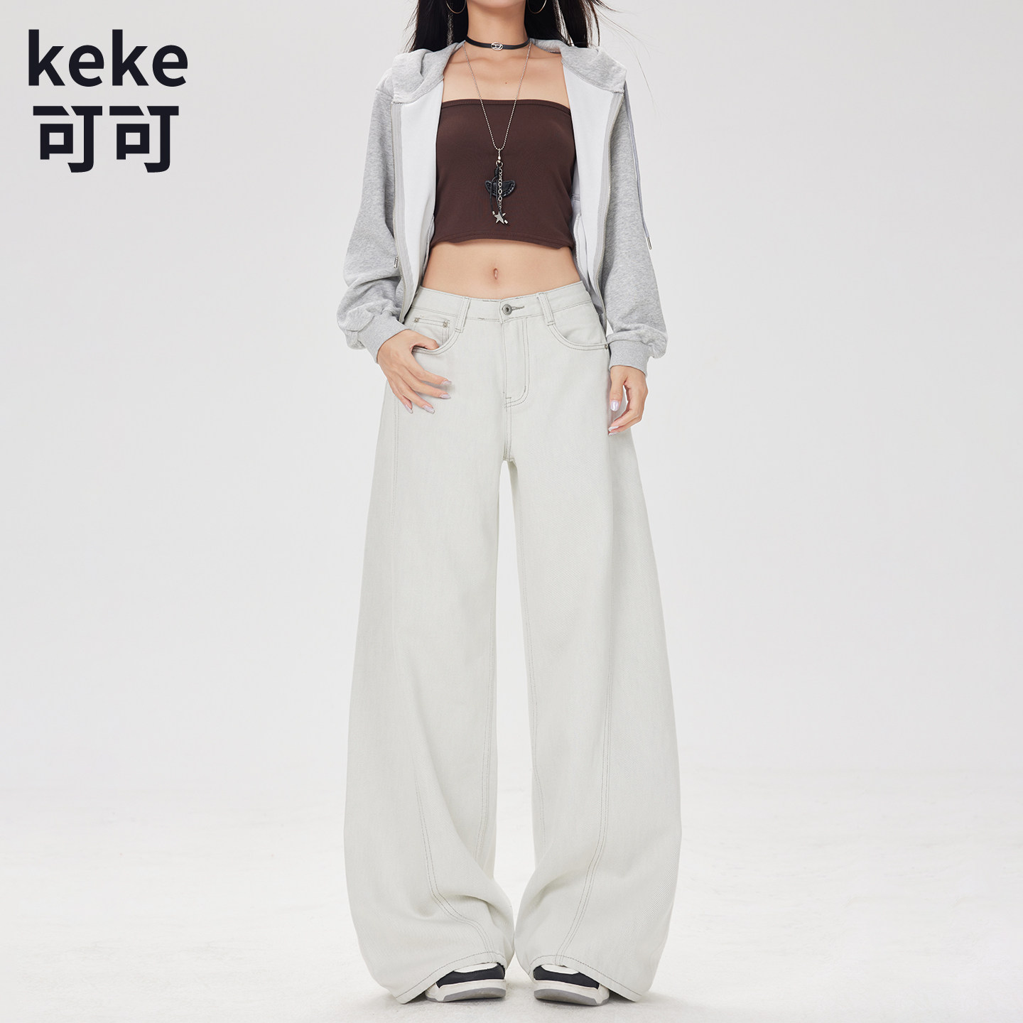 白色高腰显瘦阔腿拖地牛仔裤女