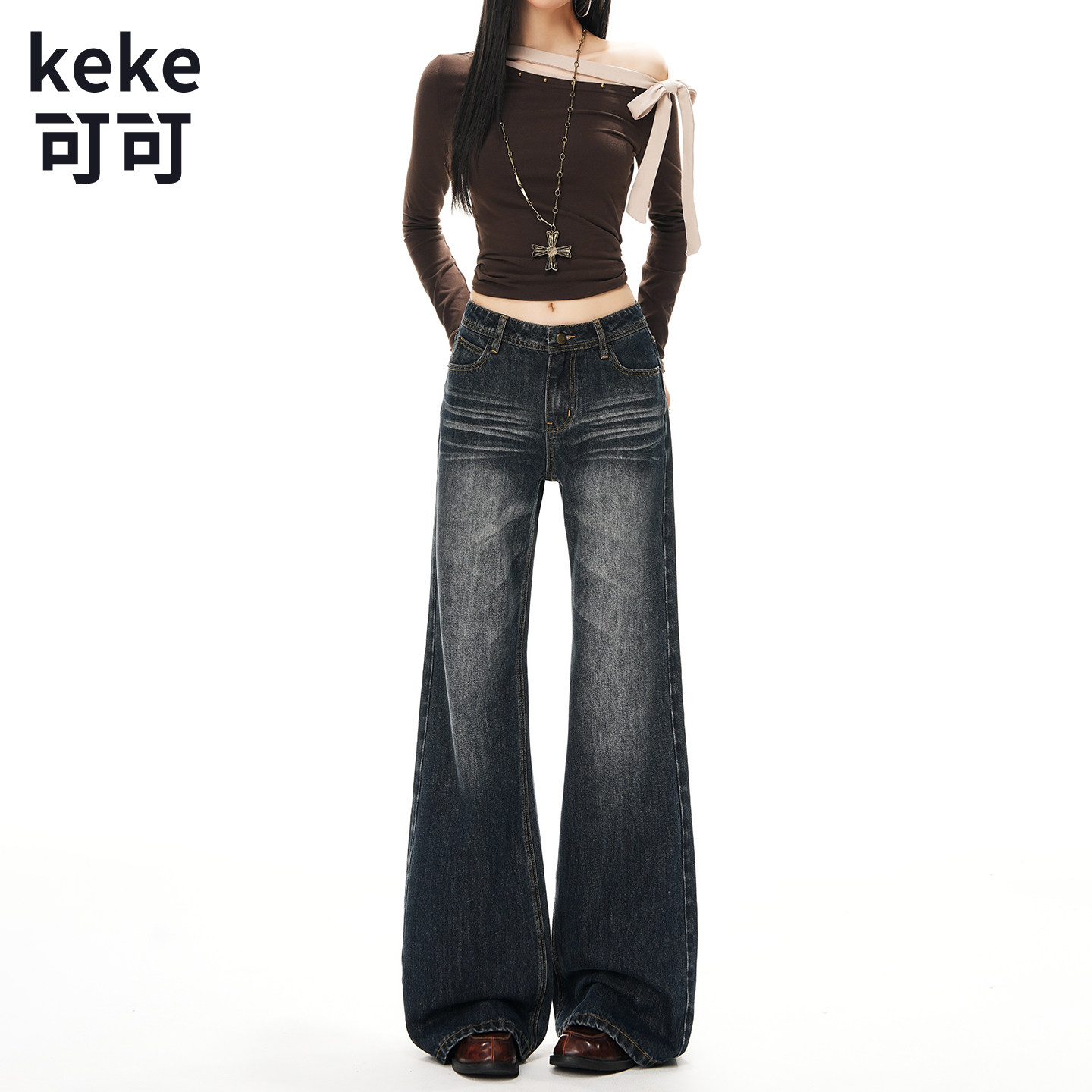 复古水洗低腰微喇牛仔裤女新款