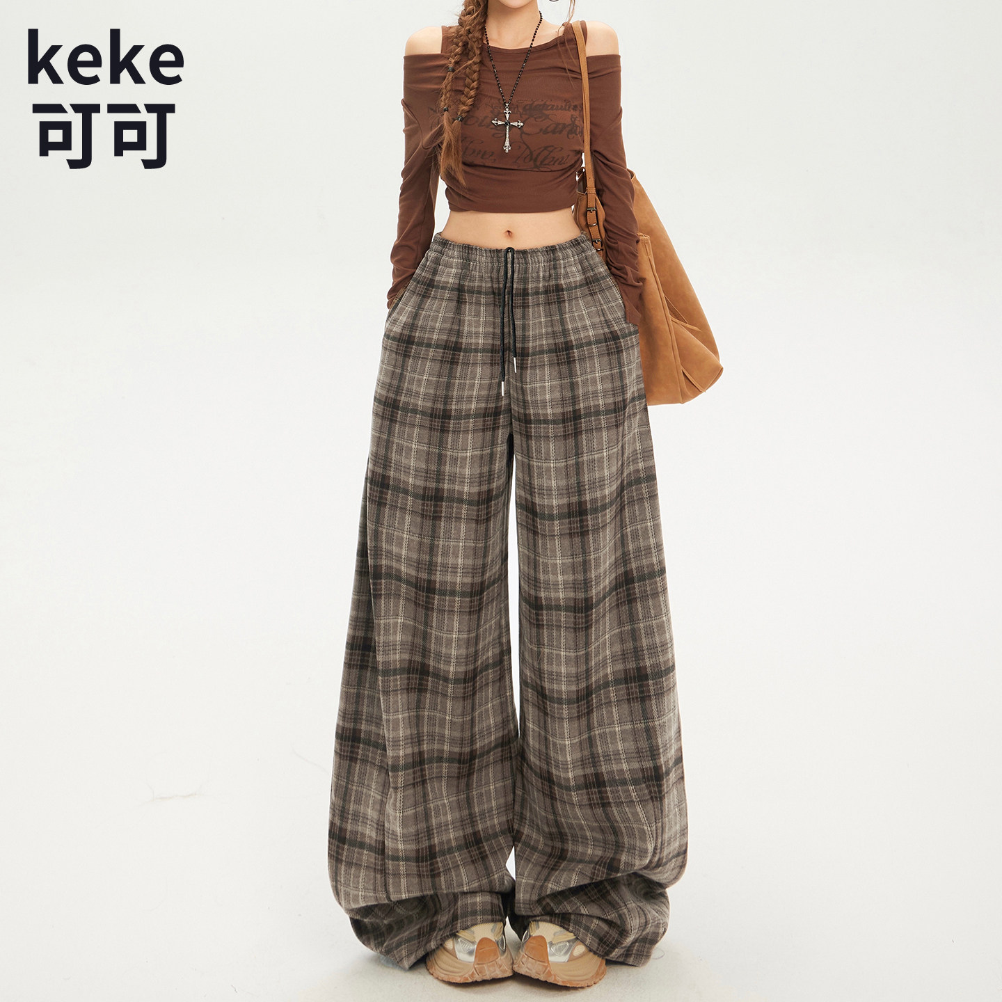 美式复古宽松阔腿裤格子休闲裤女