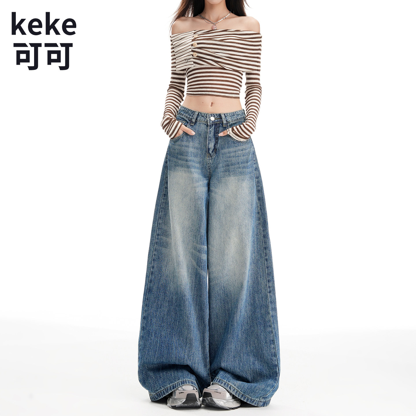 美式复古阔腿牛仔裤女显瘦拖地