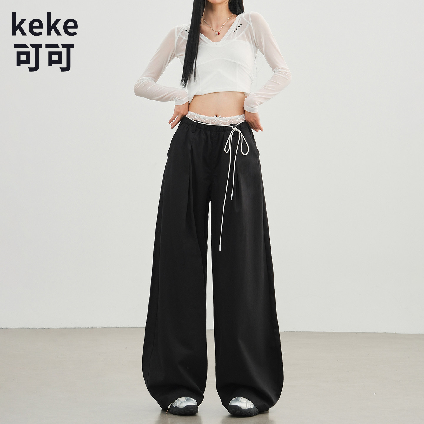 黑色高腰蕾丝显高阔腿裤