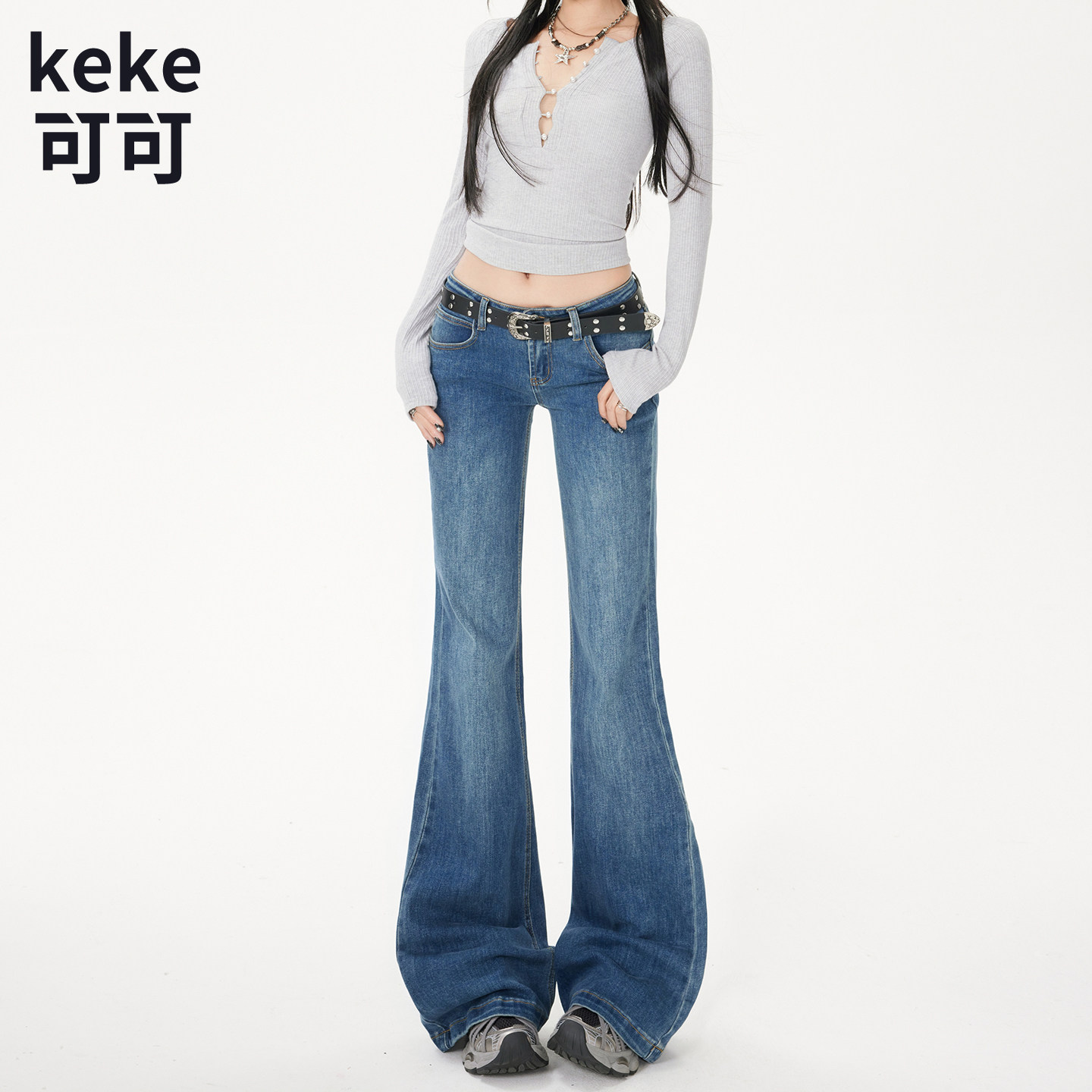 美式复古微喇裤低腰牛仔裤女款2026新款休闲弹力显瘦小个子喇叭裤图片