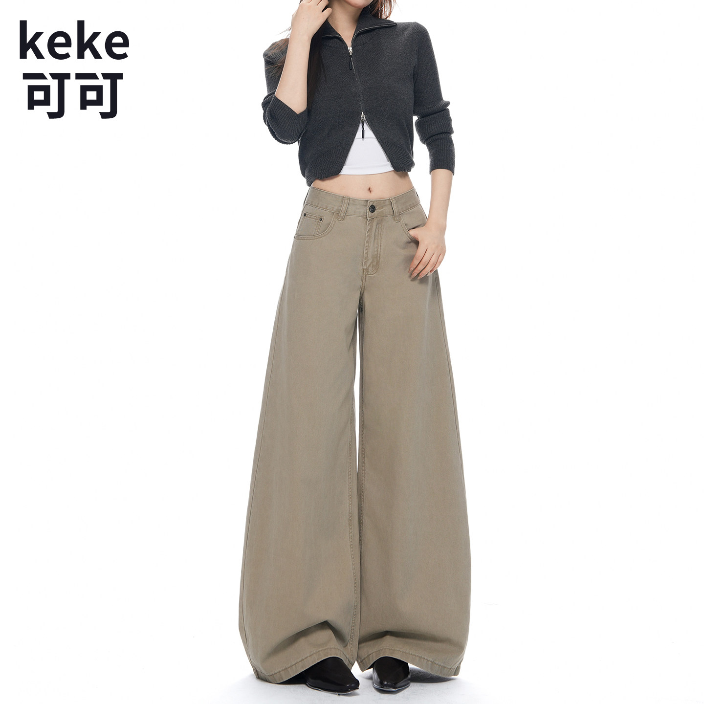 卡其色阔腿牛仔裤女款2026新款直筒宽松显瘦高腰垂感梨型身材裤子图片