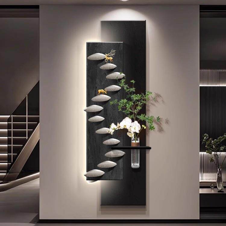 石来运转入户正对门挂画玄关装饰画高级感水培绿植走廊过道壁画灯
