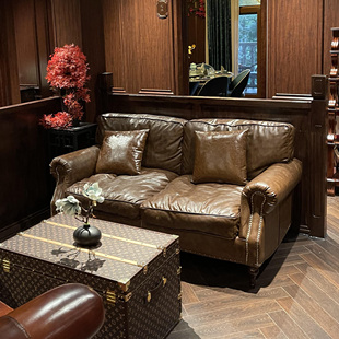 中古风巴顿沙发美式客厅小户型直排美式复古接待室雪茄吧别墅沙发