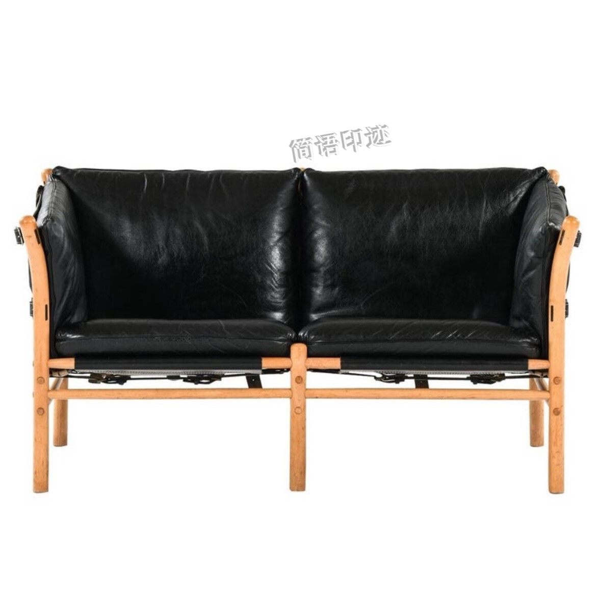 中古风真皮沙发椅两人位北欧简约实木框架黑色皮艺客厅家具