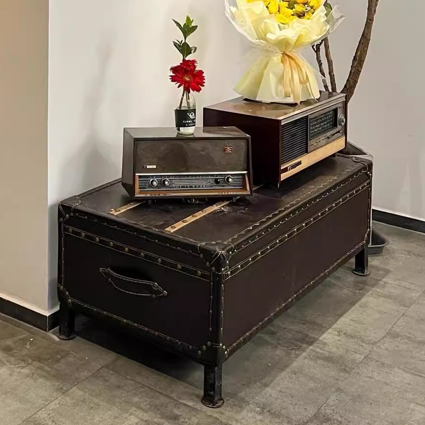 中古风复古油蜡皮茶几威士忌雪茄吧民宿咖啡桌皮箱旅行箱做旧茶桌