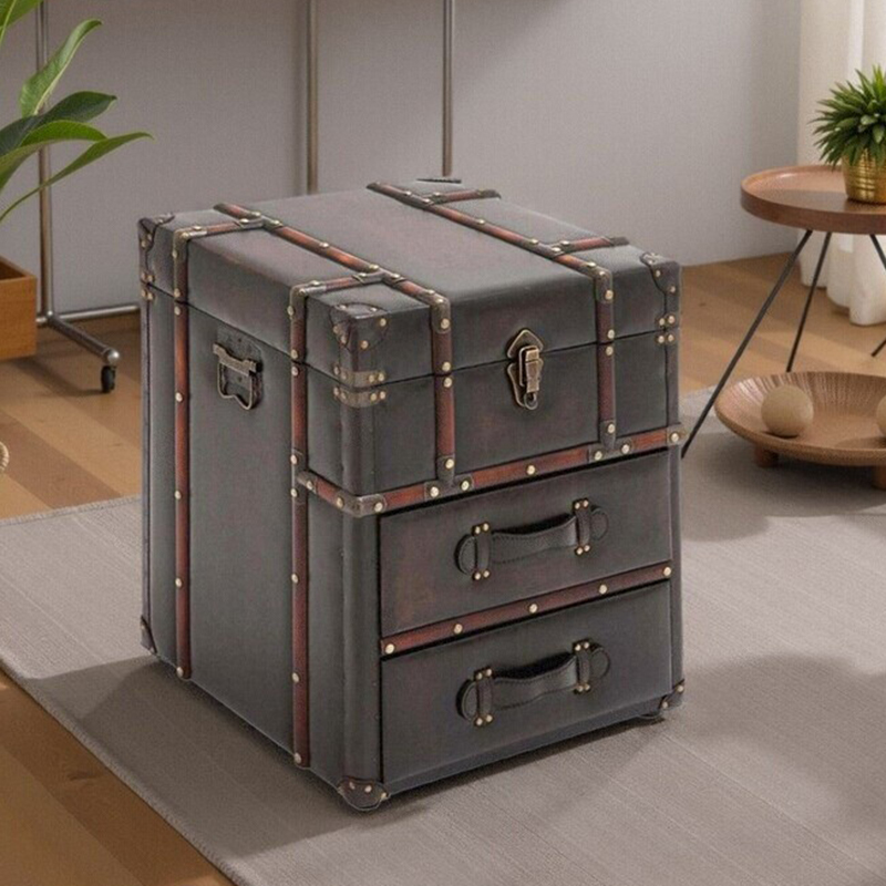 中古风卧室床头柜皮箱茶几桌高端真皮创意装饰柜设计师款法式做旧