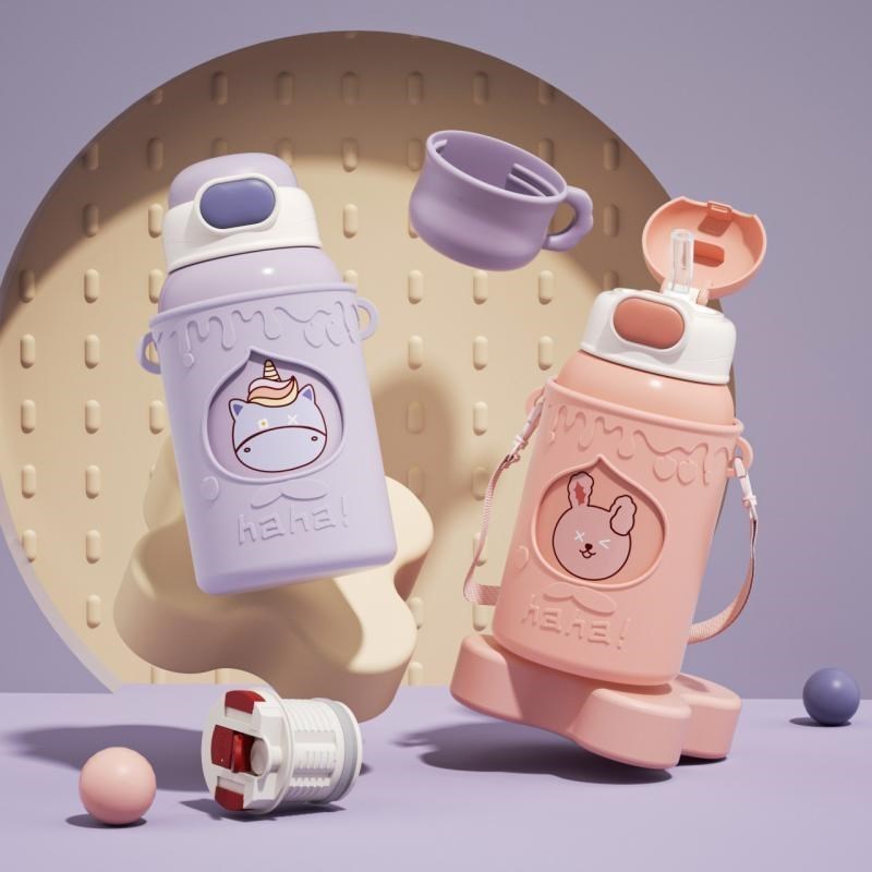 热销保温杯儿童男女生大容量水杯316不锈钢便携学生可爱水壶吸管