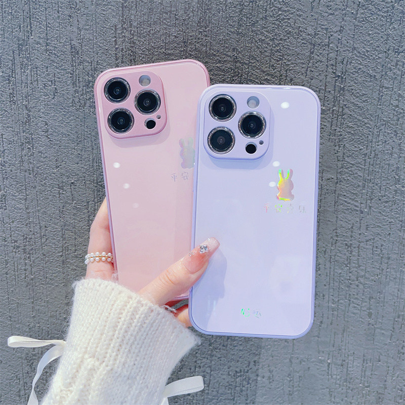 平安喜乐兔子烫金玻璃新款适用苹果16Pro手机壳iPhone14max小米15华为mate60k50P70荣耀300nova13OPPOReno12