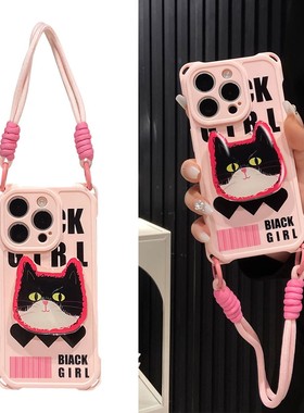 四角挂绳黑色英文猫咪支架适用苹果15Pro手机壳iPhone16max13小米14华为mate60荣耀90p70k50nova12reno11x100