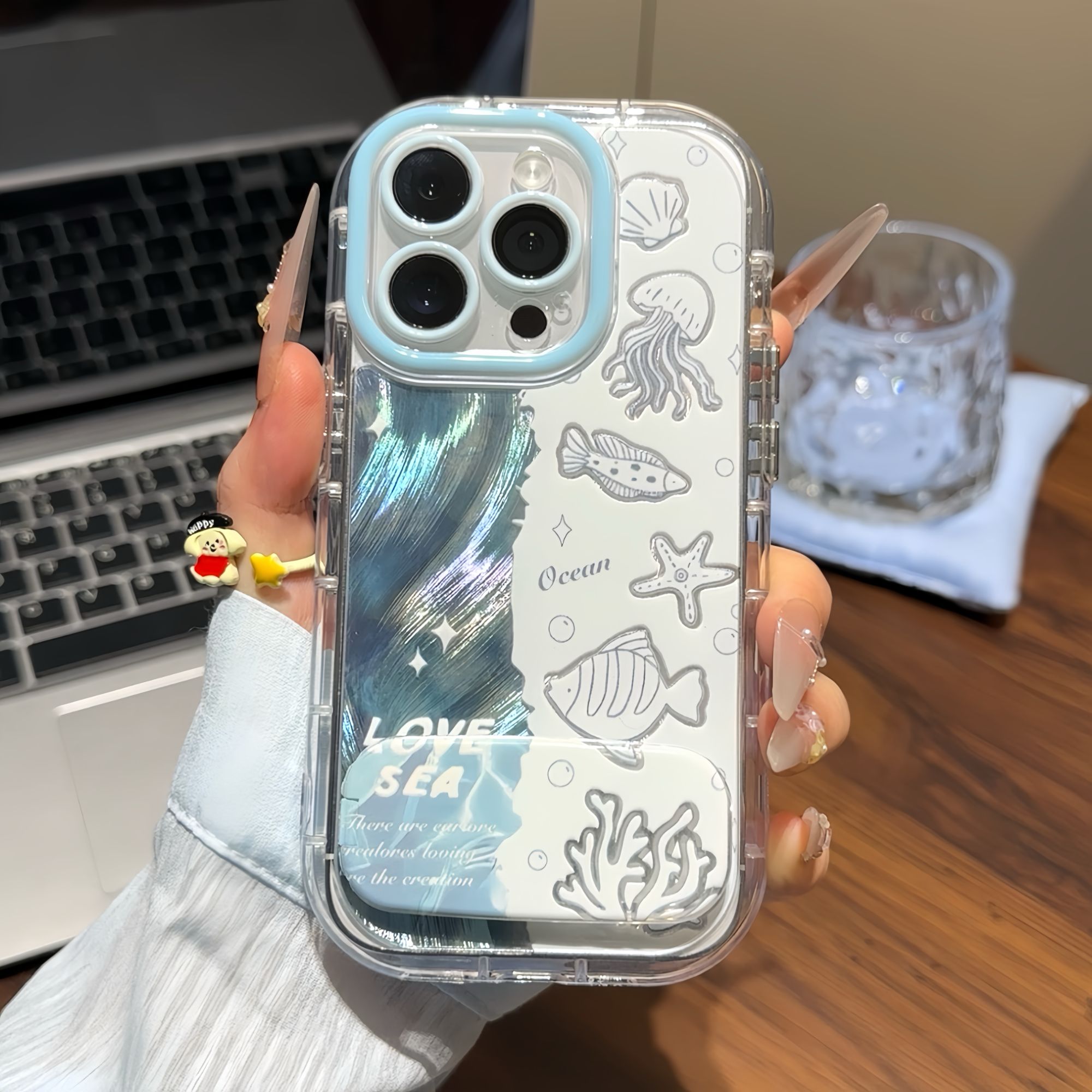 海洋小鱼镜面支架新款适用苹果16Pro手机壳iPhone14max13小米15华为mate70pura80k60nova12荣耀200oppoFindX7