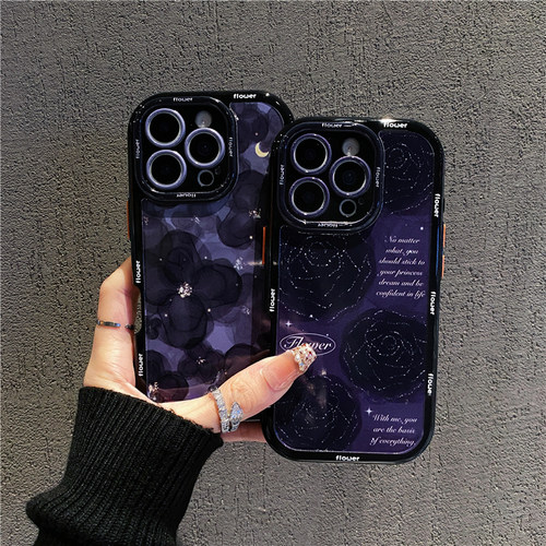 晕染黑色山茶花新款适用苹果16pro手机壳iPhone15max小米14华为mate70pura80荣耀100vivox200k60nova12reno13
