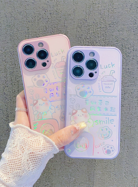 可爱招财猫烫金玻璃新款适用苹果16promax手机壳iPhone15max小米14华为mate60p70荣耀x200k50nova13note12s19