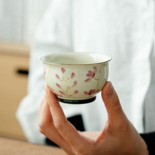 拓土茶杯主人杯家用纯手绘草木灰桃花茗香杯陶瓷功夫单杯品茗杯子
