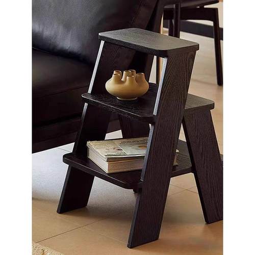 覆古黑灰实木菲多梯凳家用人字形梯凳多功能双层储物架侧柜