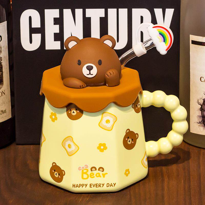 直销新款水杯女生高颜值兔子马克杯带盖勺吸管早餐牛奶杯可爱动物