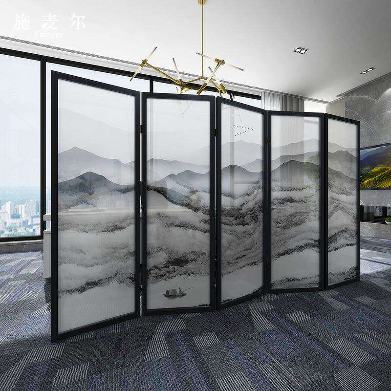 新中式实木屏风玄关隔断装饰客厅办公室酒店双面折叠移动山水折屏