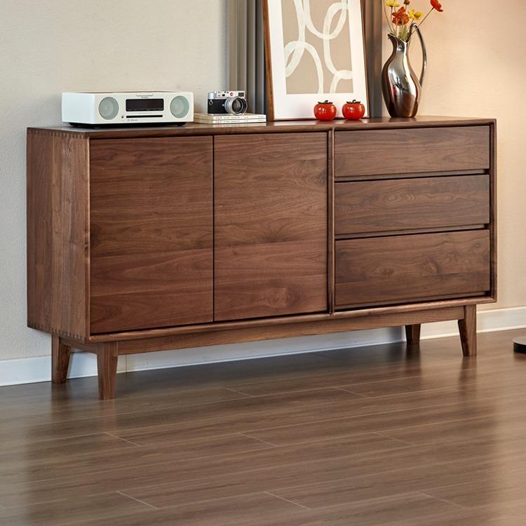 北欧简约黑胡桃木餐边柜日式实木客厅收纳柜家用餐厅玻璃门储物柜