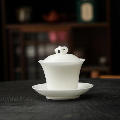 冰种素羊脂玉太NPM湖石盖碗三德才盖碗化白瓷体烧精雕立马蹄盖碗