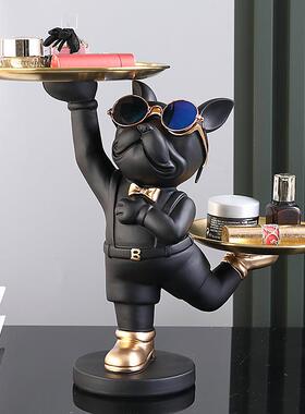 树脂雕狗法HEO雕像房装饰管家塑与托盘存储间国斗牛犬雕像家居装