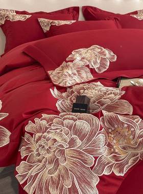 6床0支长绒棉棉婚庆四套全棉纯大红100被套QFA婚房单结件婚喜庆备