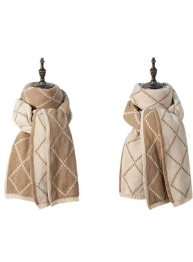 针织格纹围巾女冬季高级感披肩双面可戴米色保暖围脖