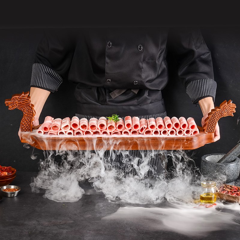 网红创意特色火锅店肥牛羊肉卷专用餐具中式木制龙形船干冰刺身盘